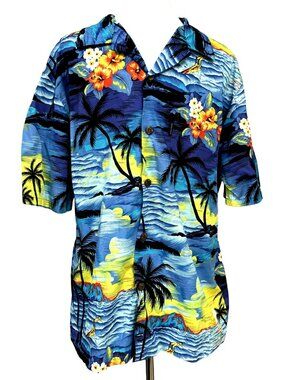 Mens Hawaiian Cotton Aloha Shirt Sz L Ocean Sunset Palm Trees Surfer Palmwave